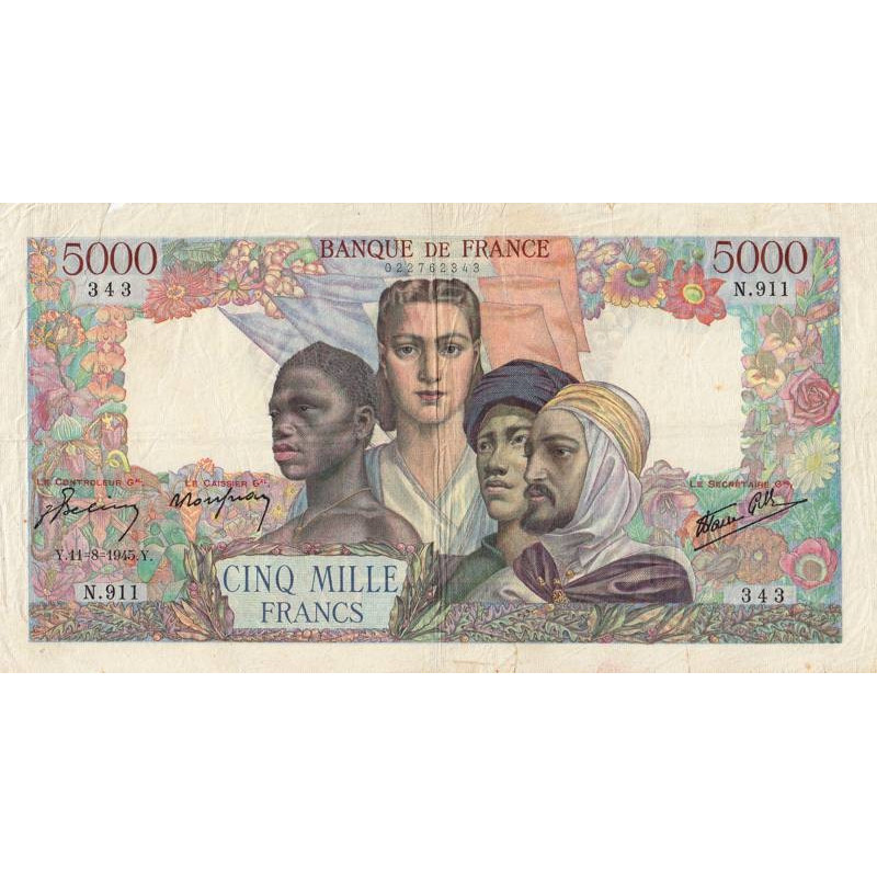 F 47-38 - 11/08/1945 - 5000 francs - Empire Français - Série N.911 - Etat : TB-