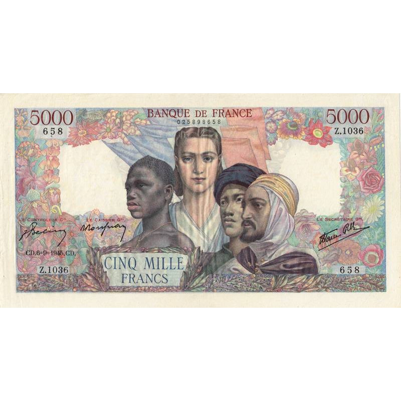 F 47-42 - 06/09/1945 - 5000 francs - Empire Français - Série Z.1036 - Etat : SUP-