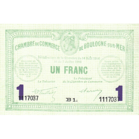 Boulogne-sur-Mer - Pirot 31-24 - Série B1 - 1 franc - 07/07/1916 - Etat : NEUF