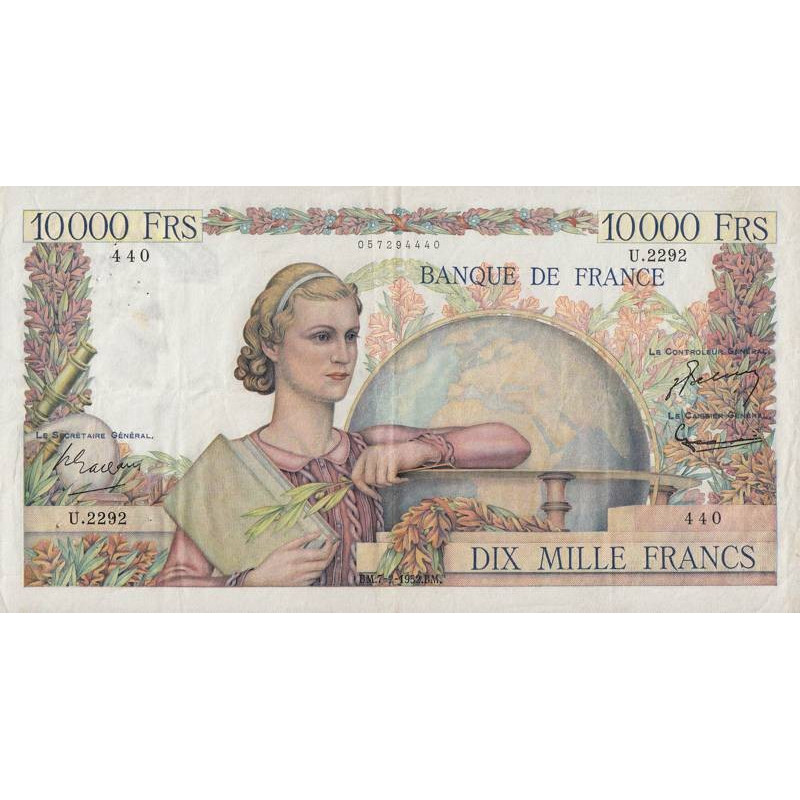 F 50-56 - 07/02/1952 - 10000 francs - Génie Français - Série U.2292 - Etat : TTB