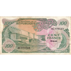 Congo (Kinshasa) - Pick 1a - 100 francs - Série AC - 05/06/1963 - Etat : TB+