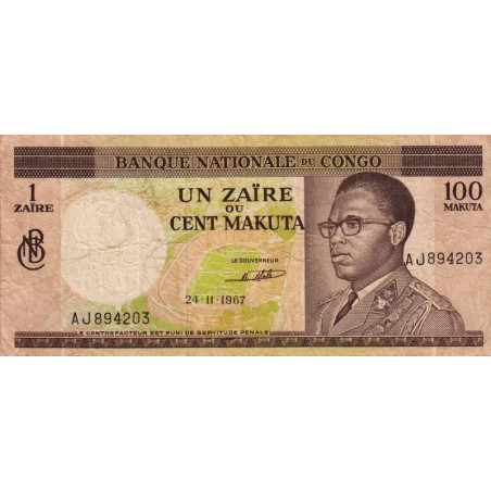 Congo (Kinshasa) - Pick 12a - 1 zaïre ou 100 makuta - Série AJ - 24/11/1967 - Etat : TB-