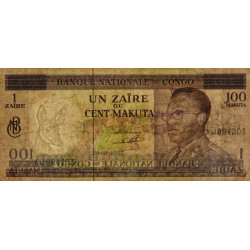 Congo (Kinshasa) - Pick 12a - 1 zaïre ou 100 makuta - Série AJ - 24/11/1967 - Etat : TB-