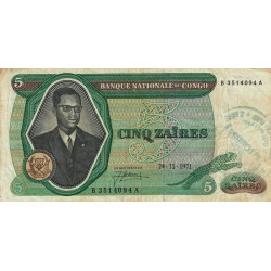 Congo (Kinshasa) - Pick 14a - 5 zaïres - Série B A - 24/11/1971 - Etat : TB-