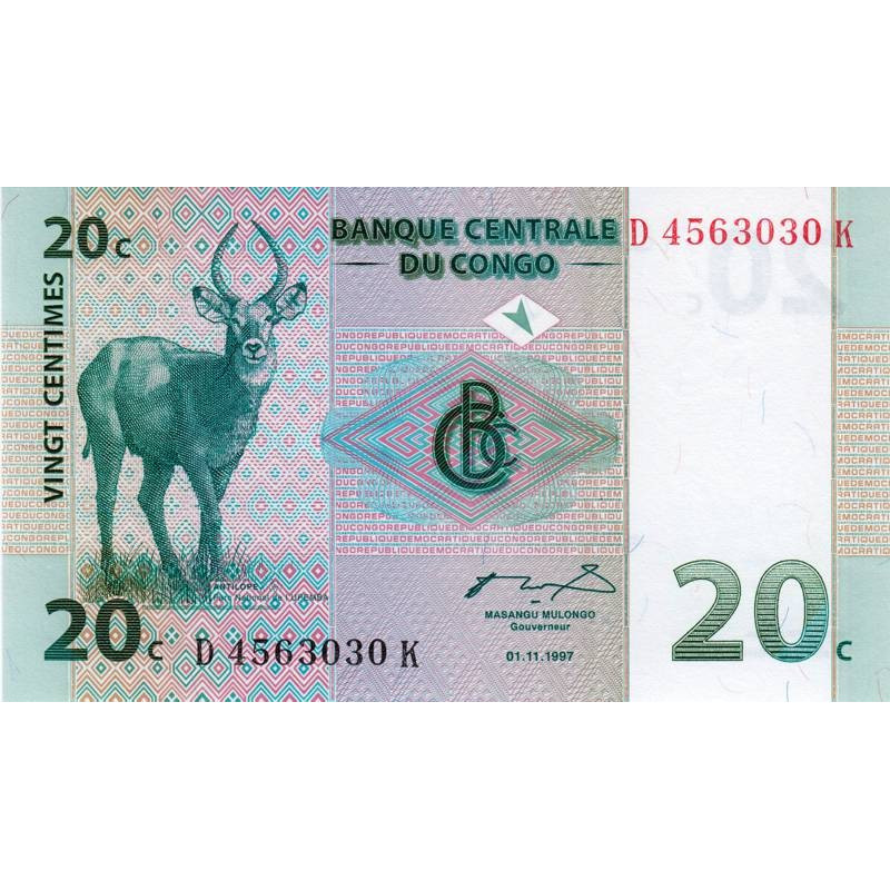 Rép. Démocr. du Congo - Pick 83 - 20 centimes - Série D K- 01/11/1997 - Etat : NEUF
