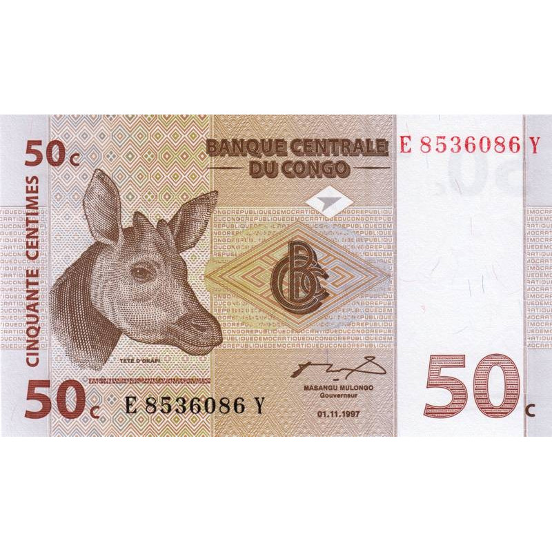 Rép. Démocr. du Congo - Pick 84A - 50 centimes - Série E Y - 01/11/1997 - Etat : NEUF