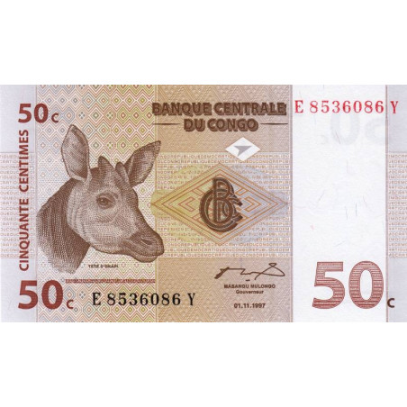 Rép. Démocr. du Congo - Pick 84A - 50 centimes - Série E Y - 01/11/1997 - Etat : NEUF
