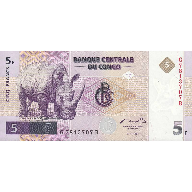 Rép. Démocr. du Congo - Pick 86 - 5 francs - Série G B - 01/11/1997 - Etat : NEUF