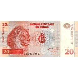 Rép. Démocr. du Congo - Pick 88Ar (remplacement) - 20 francs - Série J Z - 01/11/1997 - Etat : NEUF