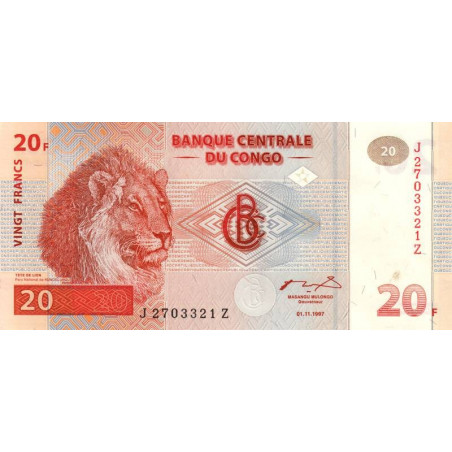 Rép. Démocr. du Congo - Pick 88Ar (remplacement) - 20 francs - Série J Z - 01/11/1997 - Etat : NEUF