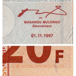 Rép. Démocr. du Congo - Pick 88Ar (remplacement) - 20 francs - Série J Z - 01/11/1997 - Etat : NEUF