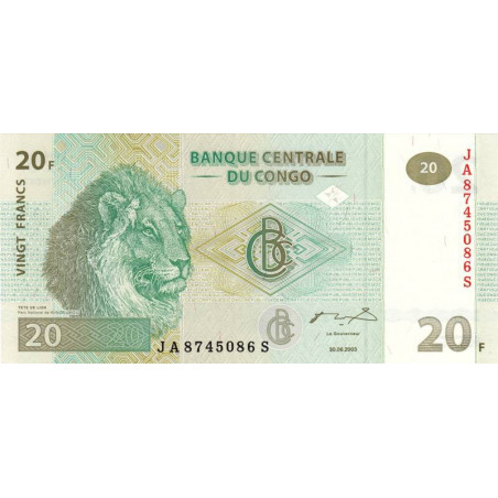 Rép. Démocr. du Congo - Pick 94A - 20 francs - Série JA S - 30/06/2003 - Etat : NEUF