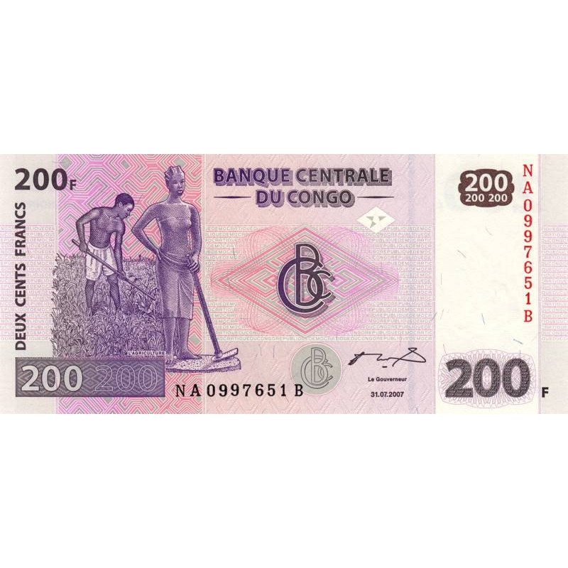 Rép. Démocr. du Congo - Pick 99a - 200 francs - Série NA B - 31/07/2007 - Etat : NEUF