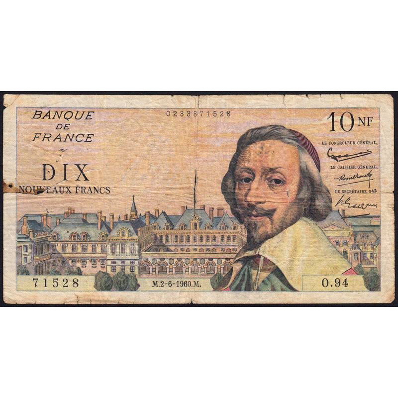 F 57-08 - 02/06/1960 - 10 nouv. francs - Richelieu - Série O.94 - Etat : B