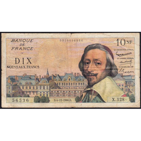 F 57-11 - 04/11/1960 - 10 nouv. francs - Richelieu - Série X.128 - Etat : TB