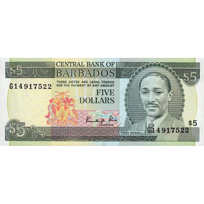 Barbade - Pick 37 - 5 dollars - Série G14 - 1987 - Etat : NEUF
