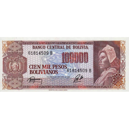 Bolivie - Pick 171a2 - 100'000 pesos bolivianos - Loi 1984 - Série B - Etat : NEUF