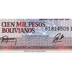 Bolivie - Pick 171a2 - 100'000 pesos bolivianos - Loi 1984 - Série B - Etat : NEUF