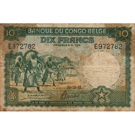 Congo Belge - Pick 14 - 10 francs - Série E - 10/12/1941 - Etat : B+