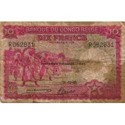 Congo Belge - Pick 14C - 10 francs - Série R - 10/02/1943 - Etat : B+