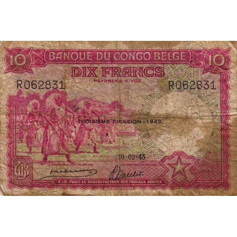 Congo Belge - Pick 14C - 10 francs - Série R - 10/02/1943 - Etat : B+