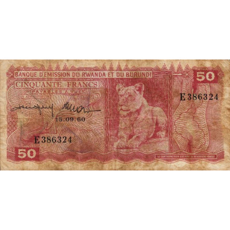 Rwanda et Burundi - Pick 4a_1 - 50 francs - 15/09/1960 - Série E - Etat : TB- à TB
