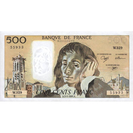 F 71-46 - 03/01/1991 - 500 francs - Pascal - Série W.329 - Variété taille-douce partielle - Etat : NEUF