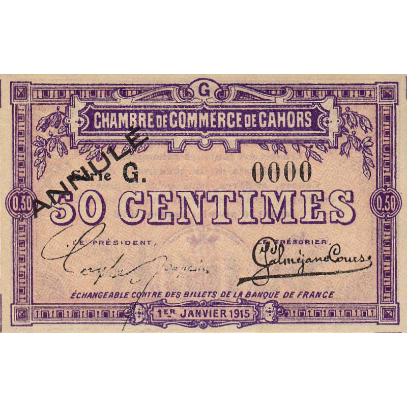 Cahors (Lot) - Pirot 35-13 - 50 centimes - Série G - 01/01/1915. - Annulé - Etat : NEUF