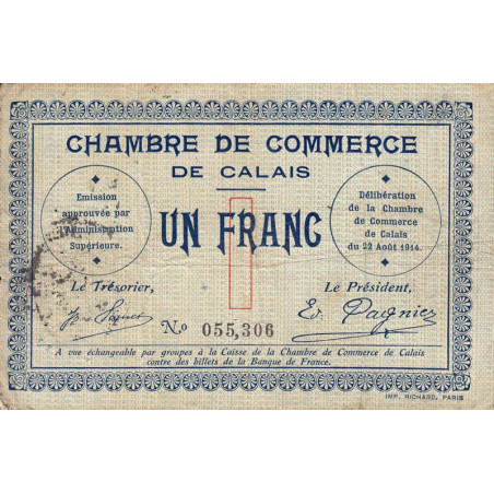 Calais - Pirot 36-3 - 1 franc - Sans série - 22/08/1914 - Etat : TB