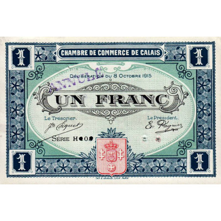 Calais - Pirot non répertorié - 1 franc - Série H 108 - 08/10/1915 - Annulé - Etat : SUP+ à SPL