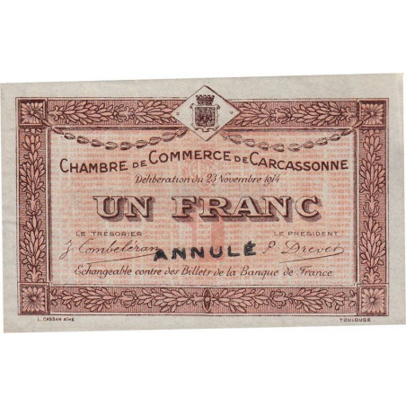 Carcassonne - Pirot 38-7 variété - 1 franc - 1914 - Annulé - Etat : SUP+