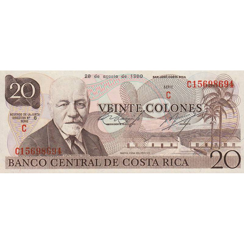 Costa Rica - Pick 238c - 20 colones - 28/08/1980 - Etat : SPL+