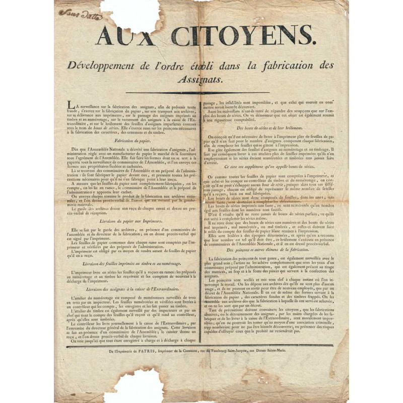 Assignat - Affiche sur la sécurité dans la fabrication des assignats