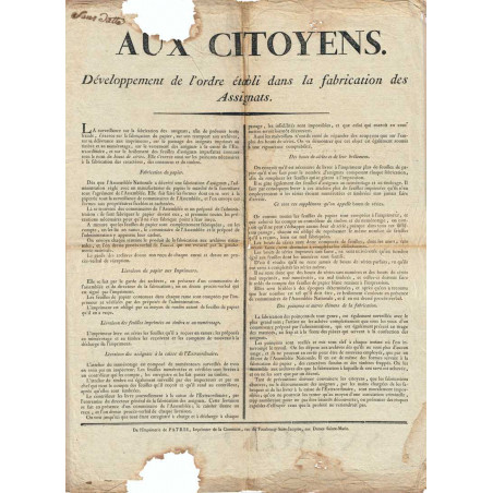 Assignat - Affiche sur la sécurité dans la fabrication des assignats