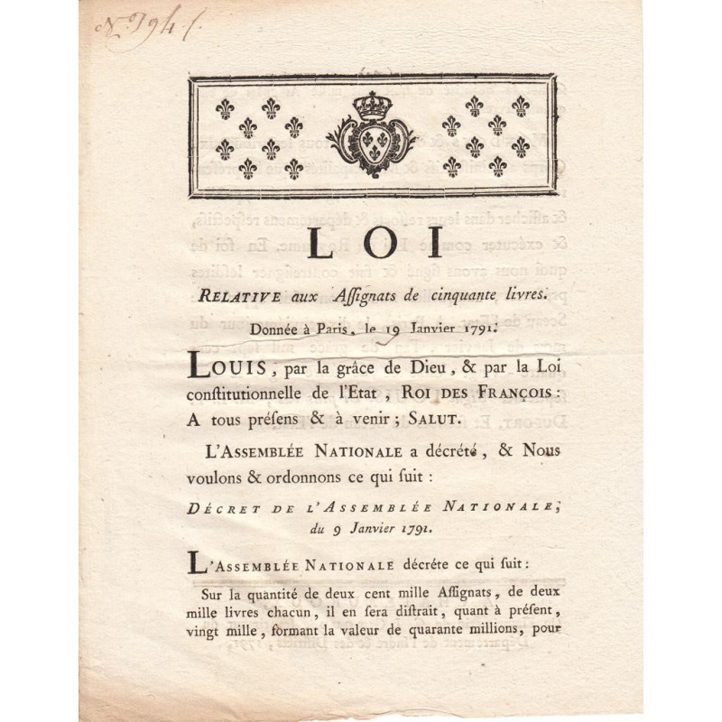 Assignat - Décret du 9 janvier 1791