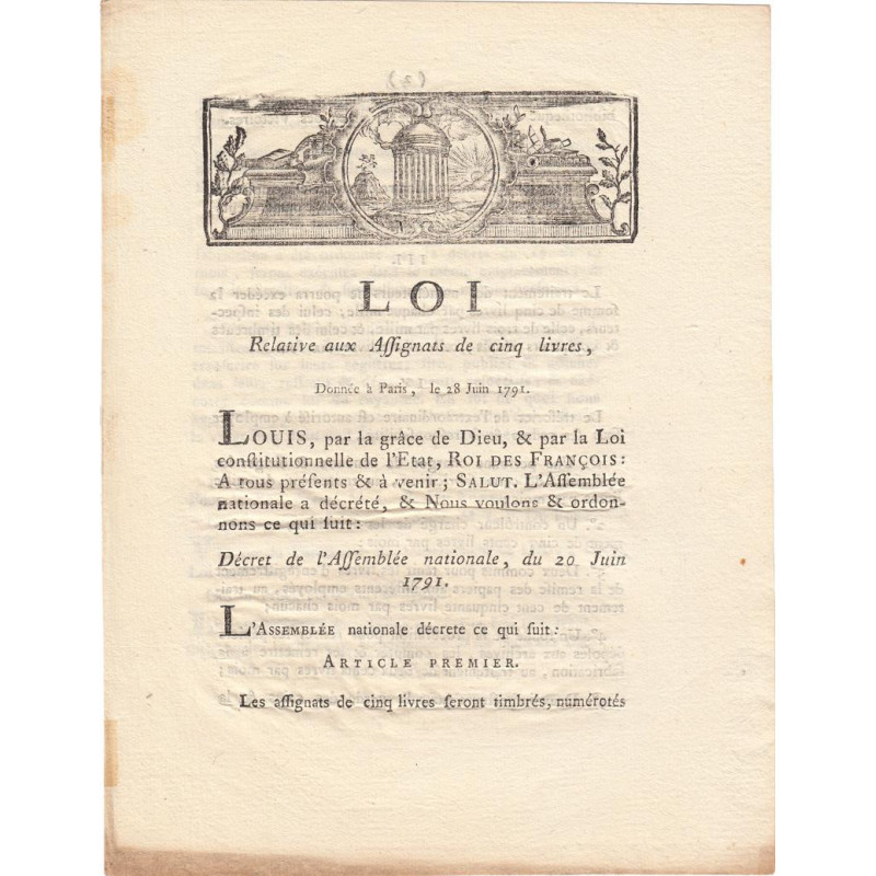 Assignat - Décret du 20 juin 1791