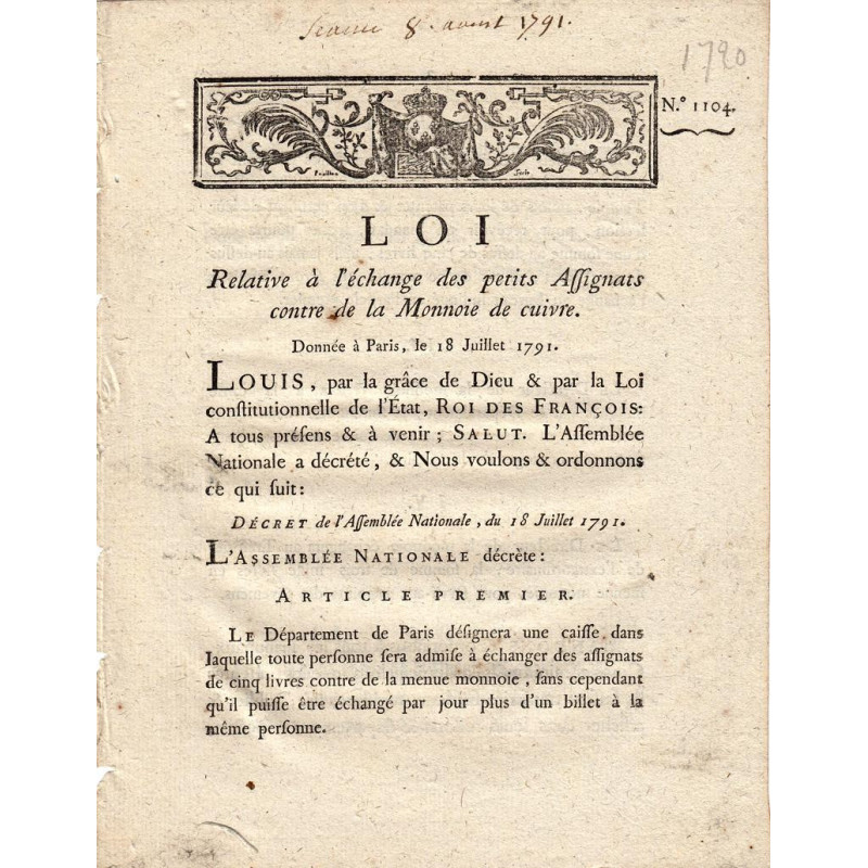 Assignat - Décret du 18 juillet 1791