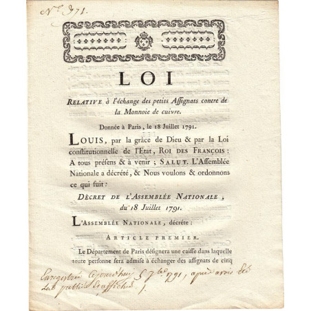 Assignat - Décret du 18 juillet 1791