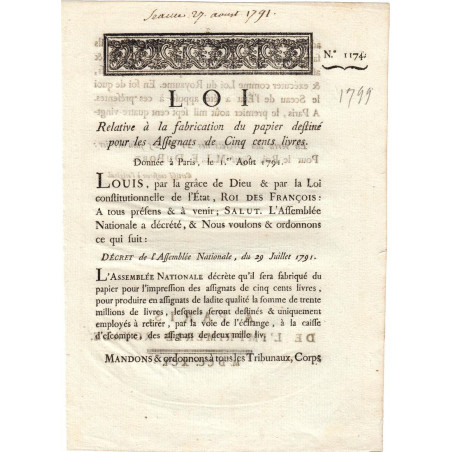 Assignat - Décret du 29 juillet 1791