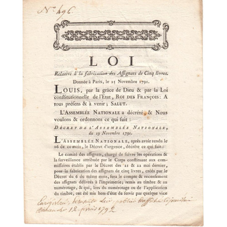 Assignat - Décret du 19 novembre 1791