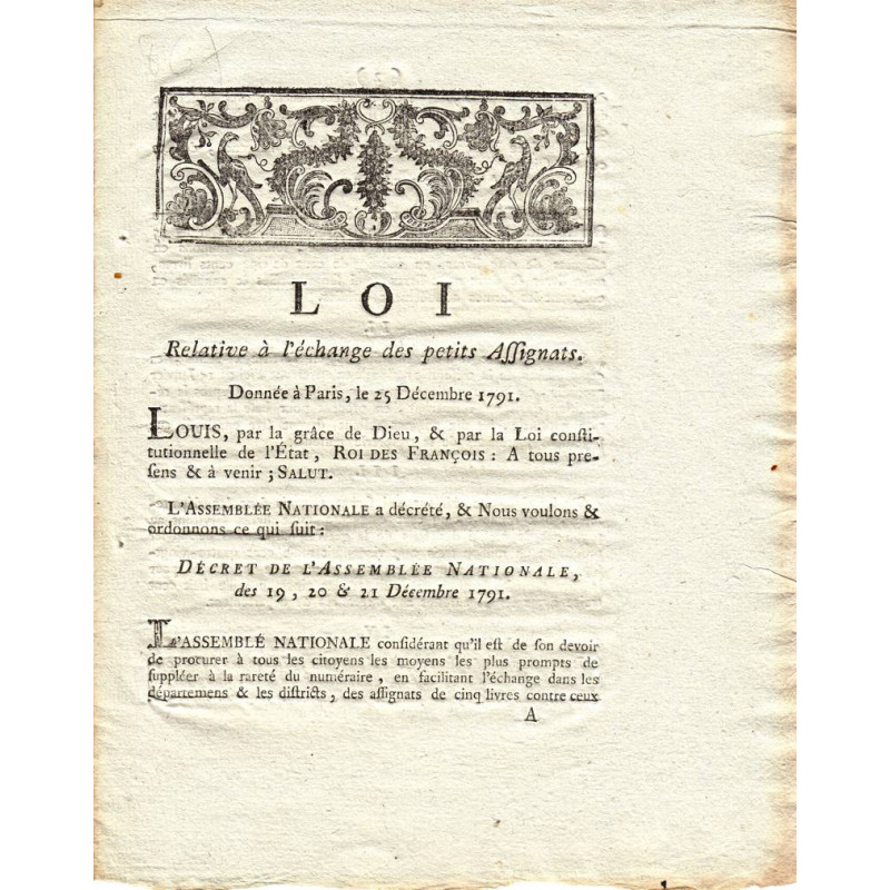 Assignat - Décret du 19 décembre 1791