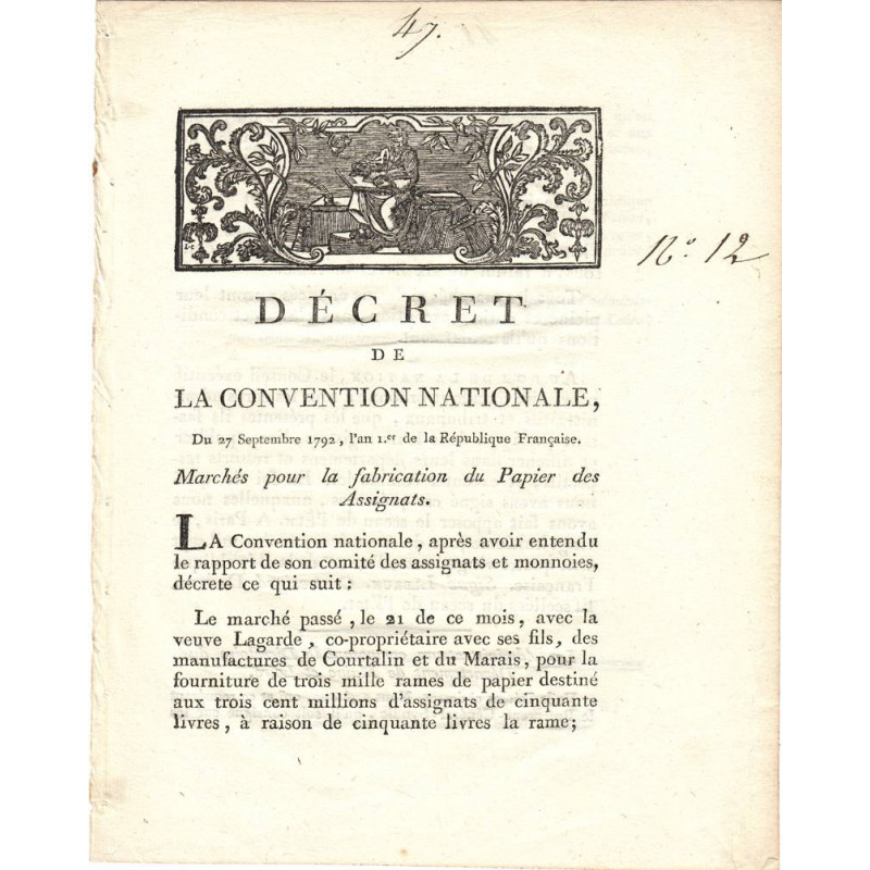 Assignat - Décret du 27 septembre 1792