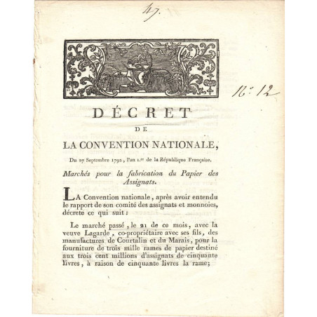 Assignat - Décret du 27 septembre 1792
