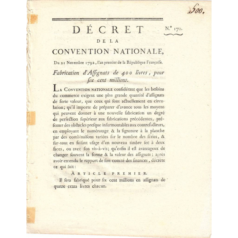 Assignat - Décret du 21 novembre 1792