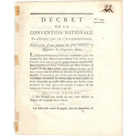 Assignat - Décret du 14 décembre 1792