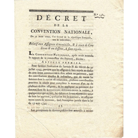 Assignat - Décret du 30 août 1793
