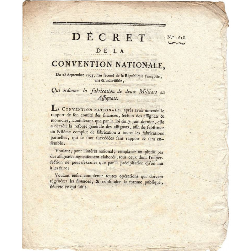 Assignat - Décret du 28 septembre 1793