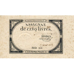 Assignat vérificateur 46v - 5 livres - 10 brumaire an 2 - Série 952 - Etat : TTB-