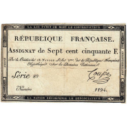 Assignat 49a - 750 francs - 18 nivôse an 3 - Signature 8 - série 89 - Etat : TB+ à TTB