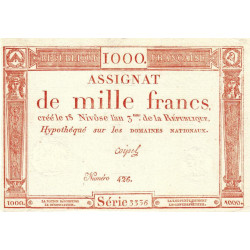 Assignat 50a - 1000 francs - 18 nivôse an 3 - Signature 12 - Série - 3336 - Etat : SUP+